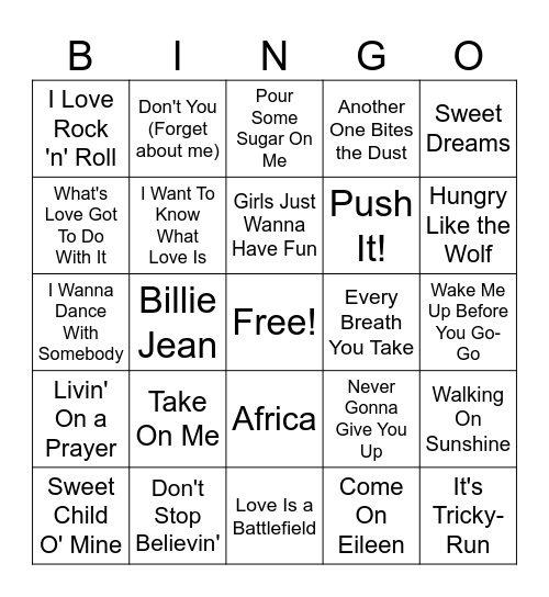 80s Music Bingo Card