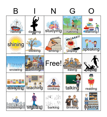 Tenses: "ing" form Bingo (words and images) Bingo Card