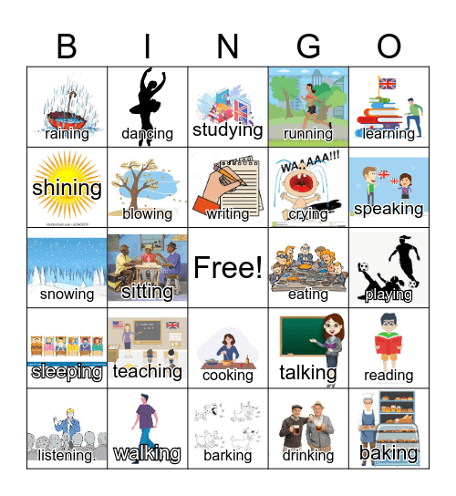 Tenses: "ing" form Bingo (words and images) Bingo Card
