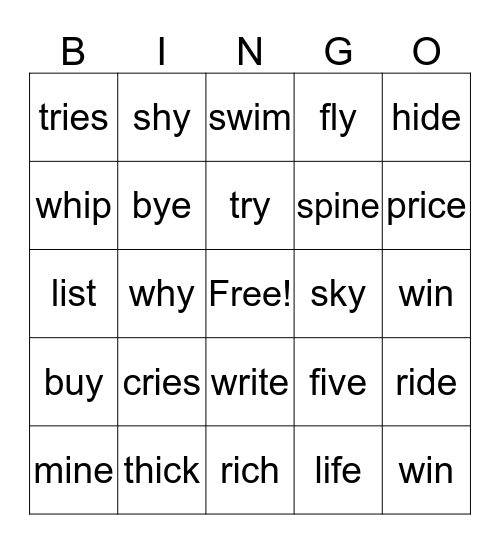 Short and Long 'i' Sounds Bingo Card