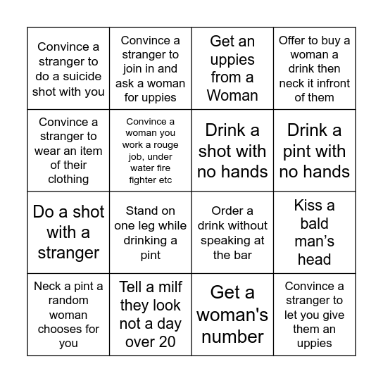 Lads Night Bingo Card