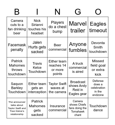 Super Bowl BINGO Card