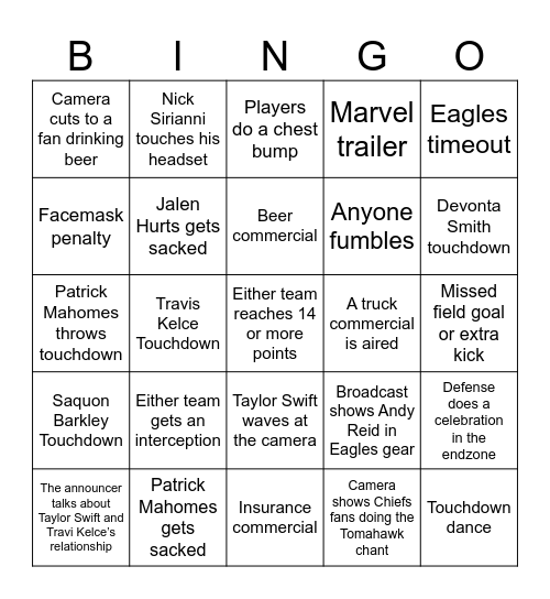 Super Bowl BINGO Card