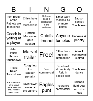 Super Bowl BINGO Card