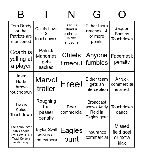 Super Bowl BINGO Card