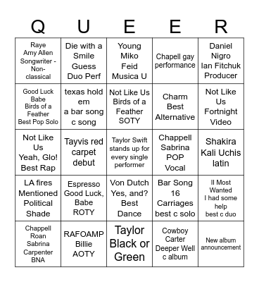 2024 Grammys Bingo Card