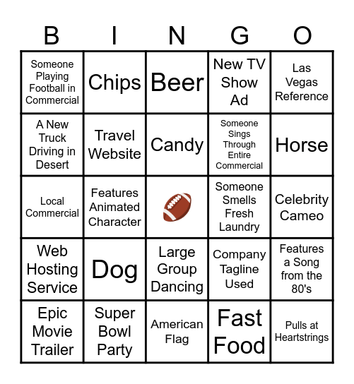Super Bowl Commercial Bingo Card
