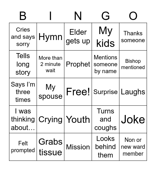 Fast Sunday Bingo Card