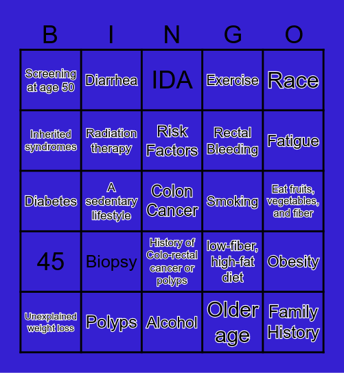 Colon Cancer Bingo Card