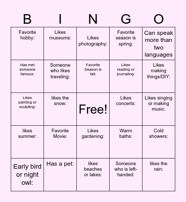 Getting to know you bingo Card