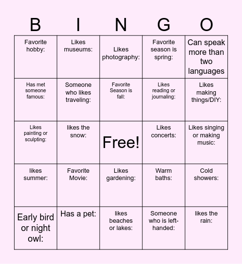 Getting to know you bingo Card