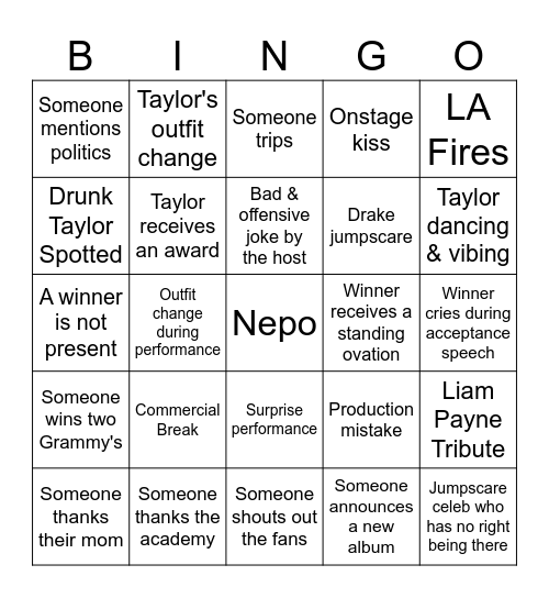 Grammys 2025 Bingo Card
