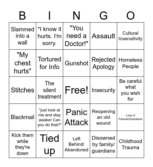 ANGST Bingo Card