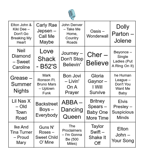 MOST REQUESTED KARAOKE SONGS Bingo Card