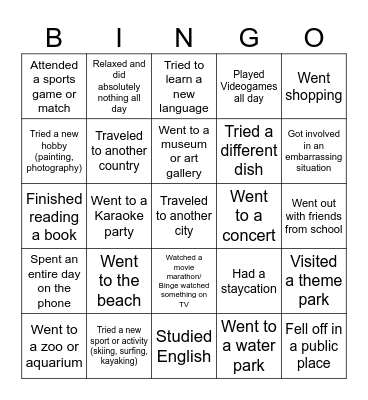 Vacation Bingo Card