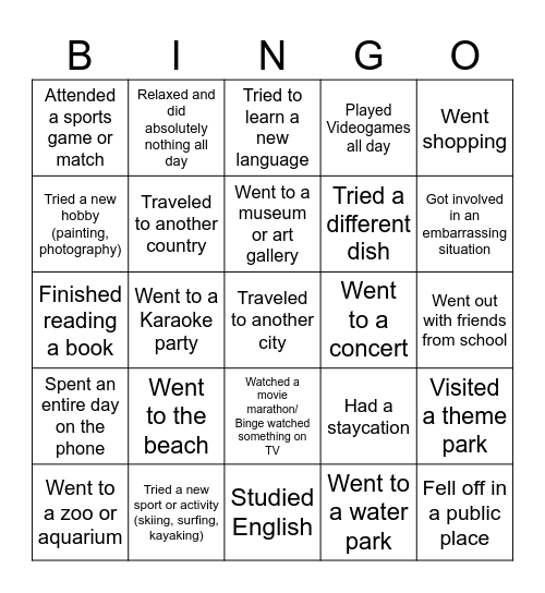 Vacation Bingo Card