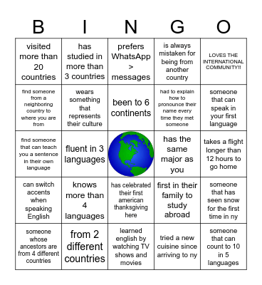 International Student Mixer! Bingo Card