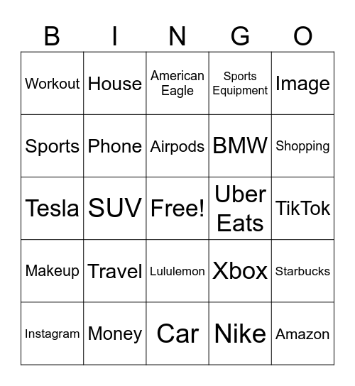 Materialism BINGO Card