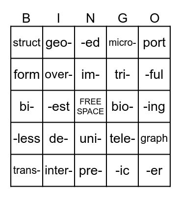 Morpheme Bingo Card