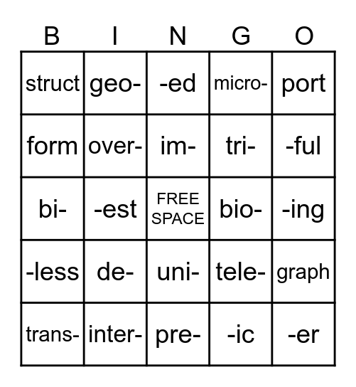 Morpheme Bingo Card