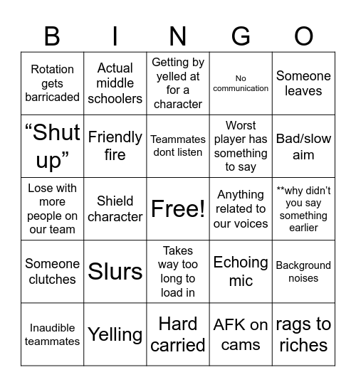 Siege Bingo Card