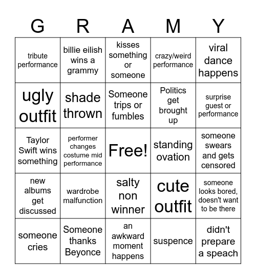 Grammys 2025 Bingo Card