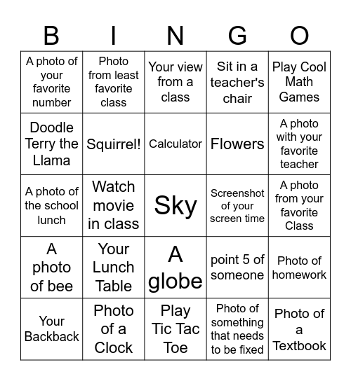 School Bingo Card