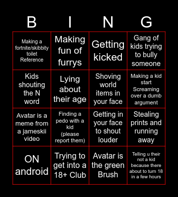 VrChat Bingo Annoying Kids Bingo Card