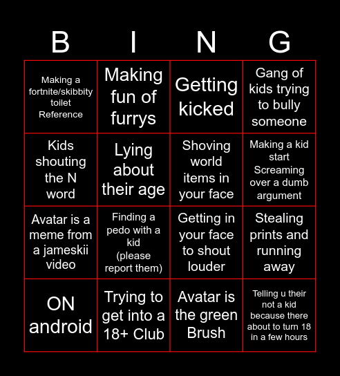 VrChat Bingo Annoying Kids Bingo Card