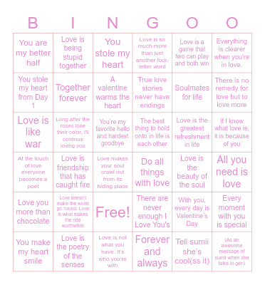 Valentine quotes Bingo Card