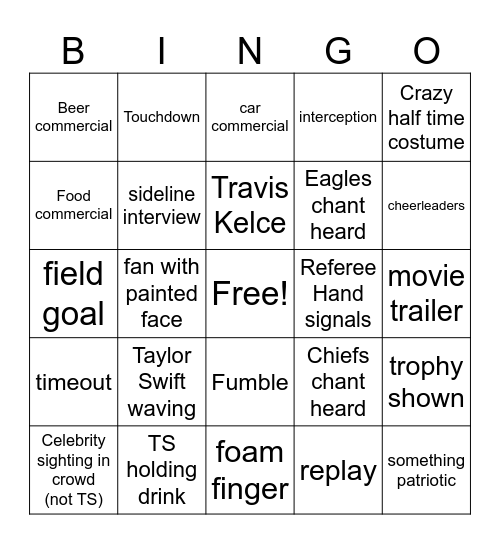 Super Bowl Bingo Card