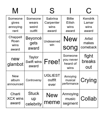 2025 Grammy Bingo Card