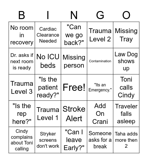 Weekend OR Bingo Card