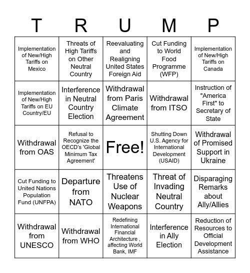 US Retreats From World Stage Bingo Card