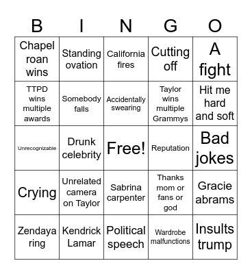 Grammys Bingo Card