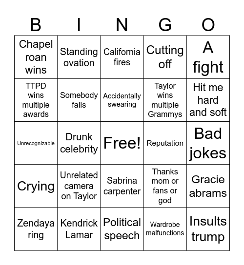 Grammys Bingo Card