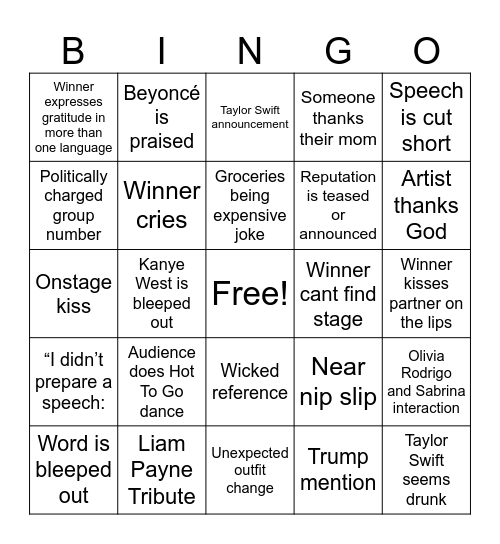 GRAMMYS 2025 BINGO BY GALE P. Bingo Card