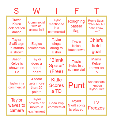 Taylor Swift Super Bowl Bingo Card