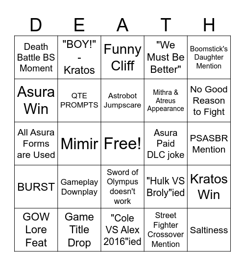 Kratos VS Asura Bingo Card