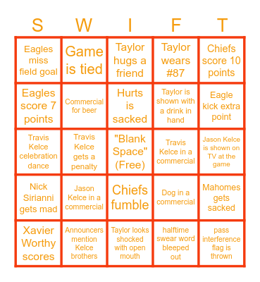Taylor Swift Super Bowl Bingo Card