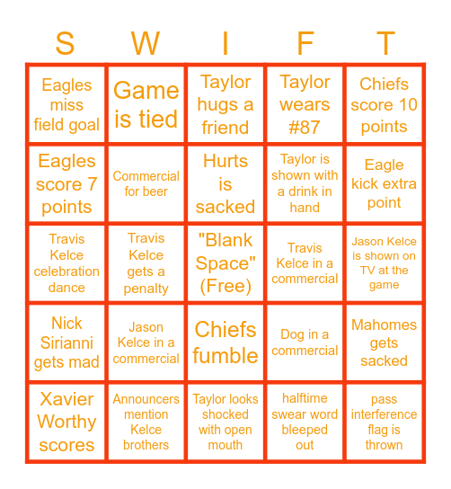 Taylor Swift Super Bowl Bingo Card