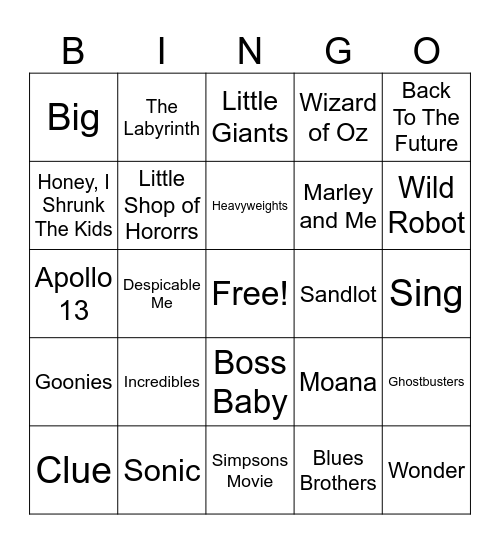 Logan's Favorite Movies Bingo Card