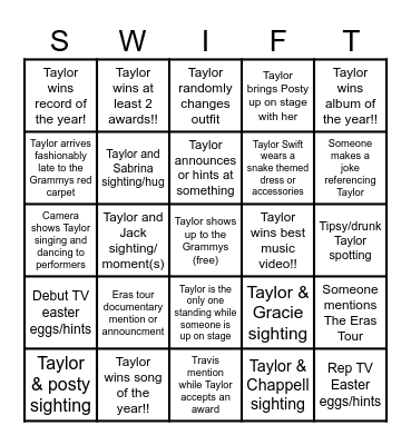 2025 Grammys TayBingo Card