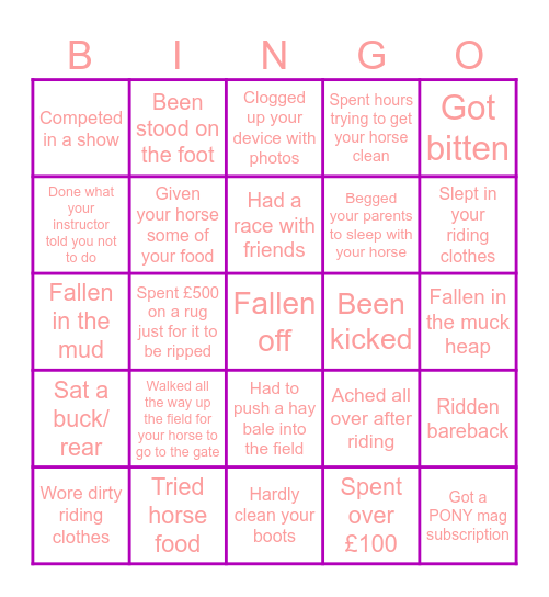 Horse Bingo Card