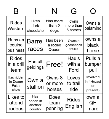 Horse Bingo Card