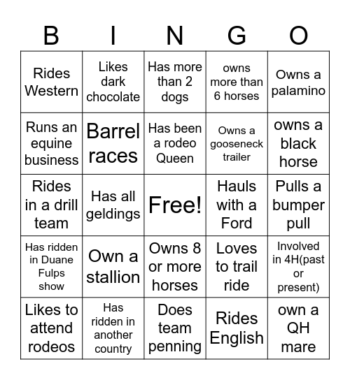 Horse Bingo Card