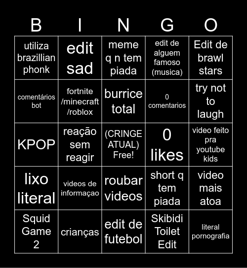 YOUTUBE SHORTS Bingo Card
