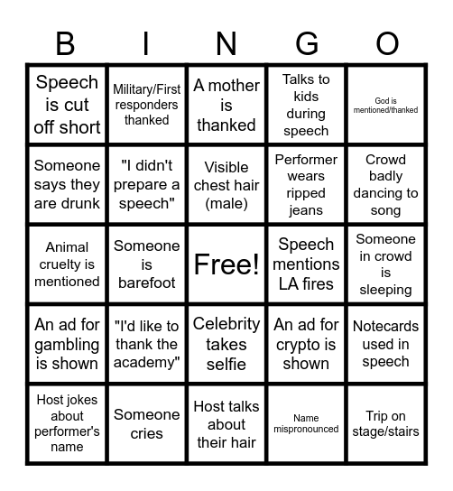 Grammy 2025 Bingo Card