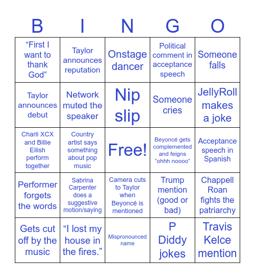 Grammys 2025 Bingo Card