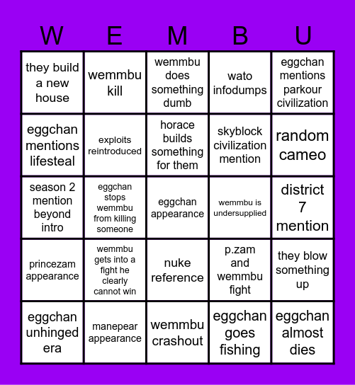WEMMBISODE S2E1 Bingo Card